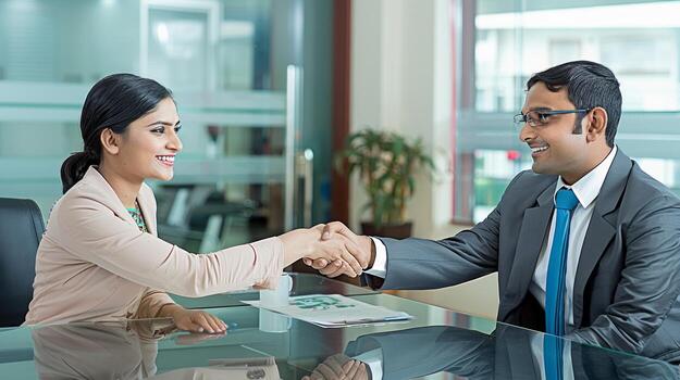 a recruitment manager shaking hand with a beautiful modern indian female candidate photo